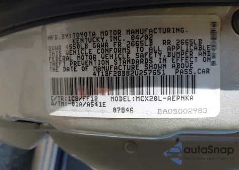 2002 Toyota Avalon Xl/Xls из США, поврежденный, VIN 4T1BF28B82U257651